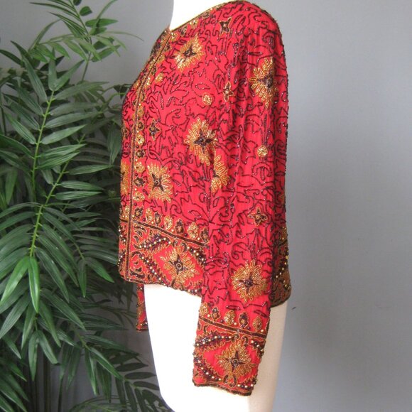 Beaded Jacket / Vtg 90s / Papell Boutique Evening Jacket red gold beaded - Picture 3 of 7
